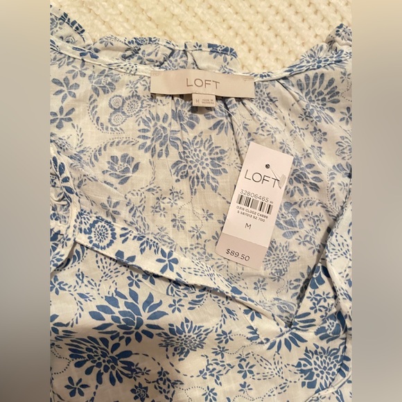 LOFT Blue White Floral Ruffle Long Sleeve Mini Dress NWT Size Medium - Picture 6 of 7